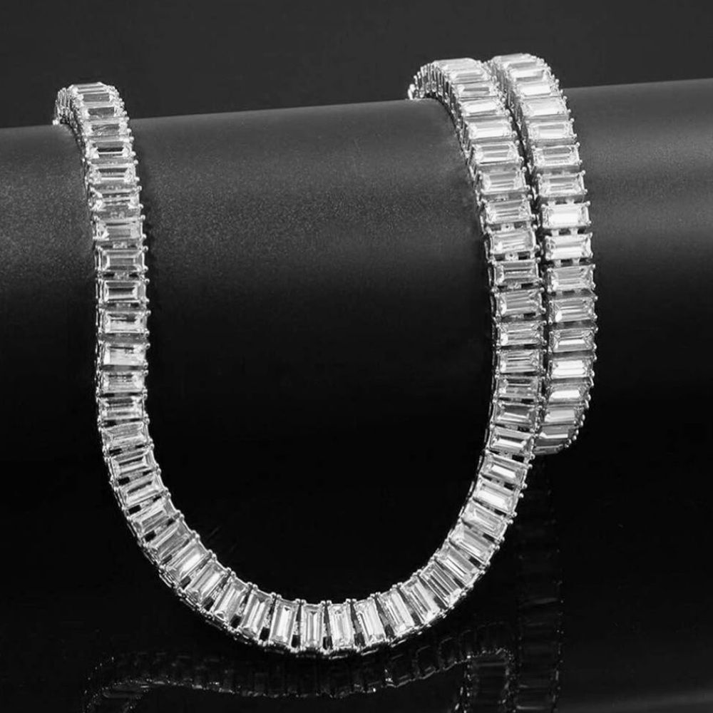 Iced Out Baguette Tennis Chain 14K White Gold Silver Simulated Diamonds Hip Hop